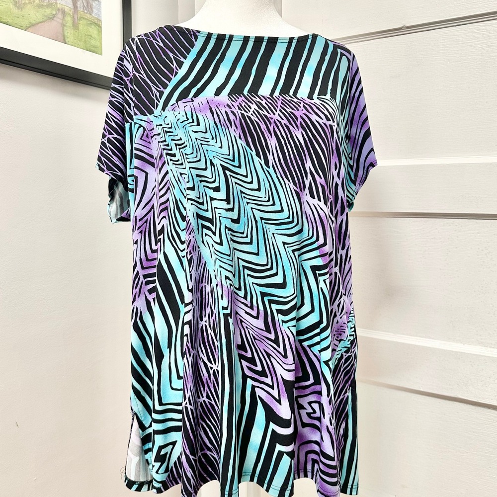 Antthony Design Originals Womens Purple Turquoise Abstract Tunic Top Size Large